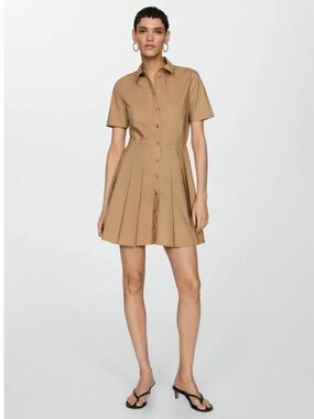 MNG Mango Camel Pleated Shirt Dress Size 8 NWT Minimal Chic Dress